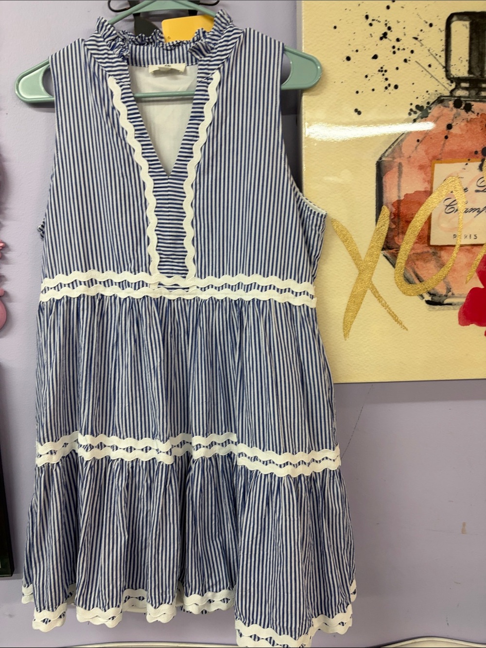 entro Blue & White Striped Ruffle-Trim Tiered Dress